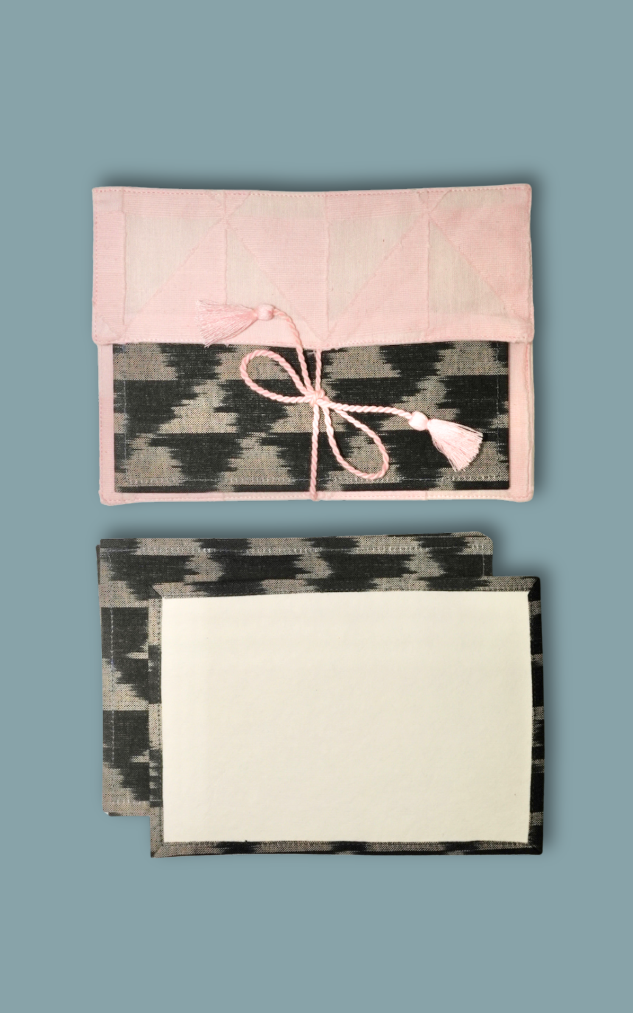 Notecard Set in Black Ikat/Pink Jacquard
