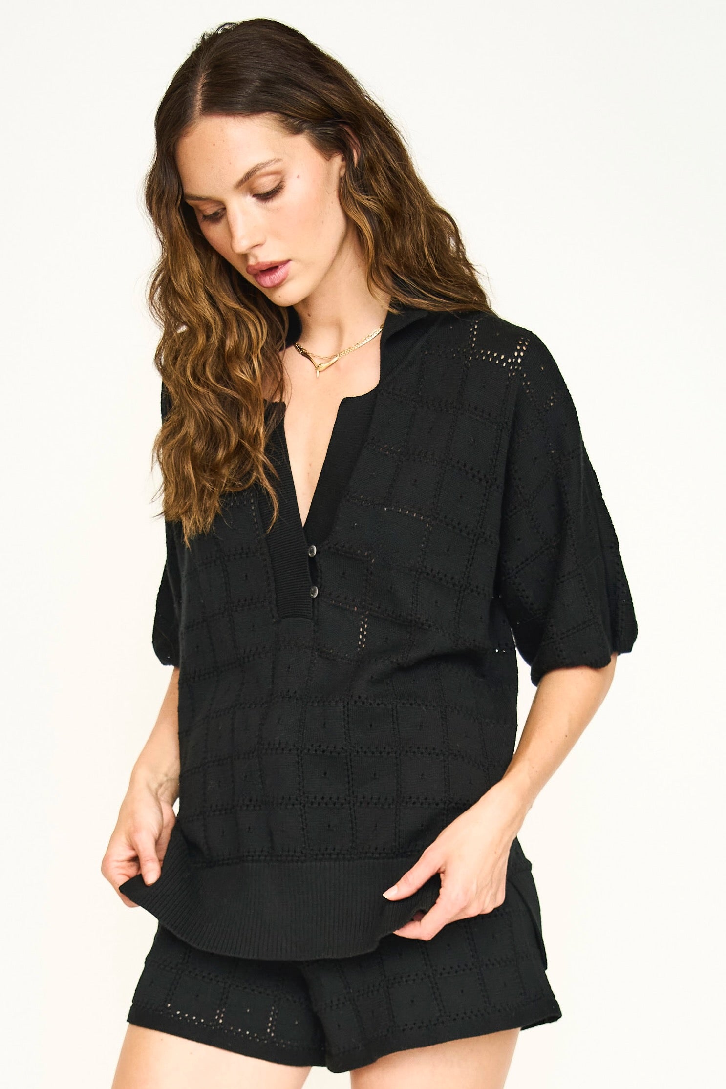 Adelaide Pointelle Knit Top in Black