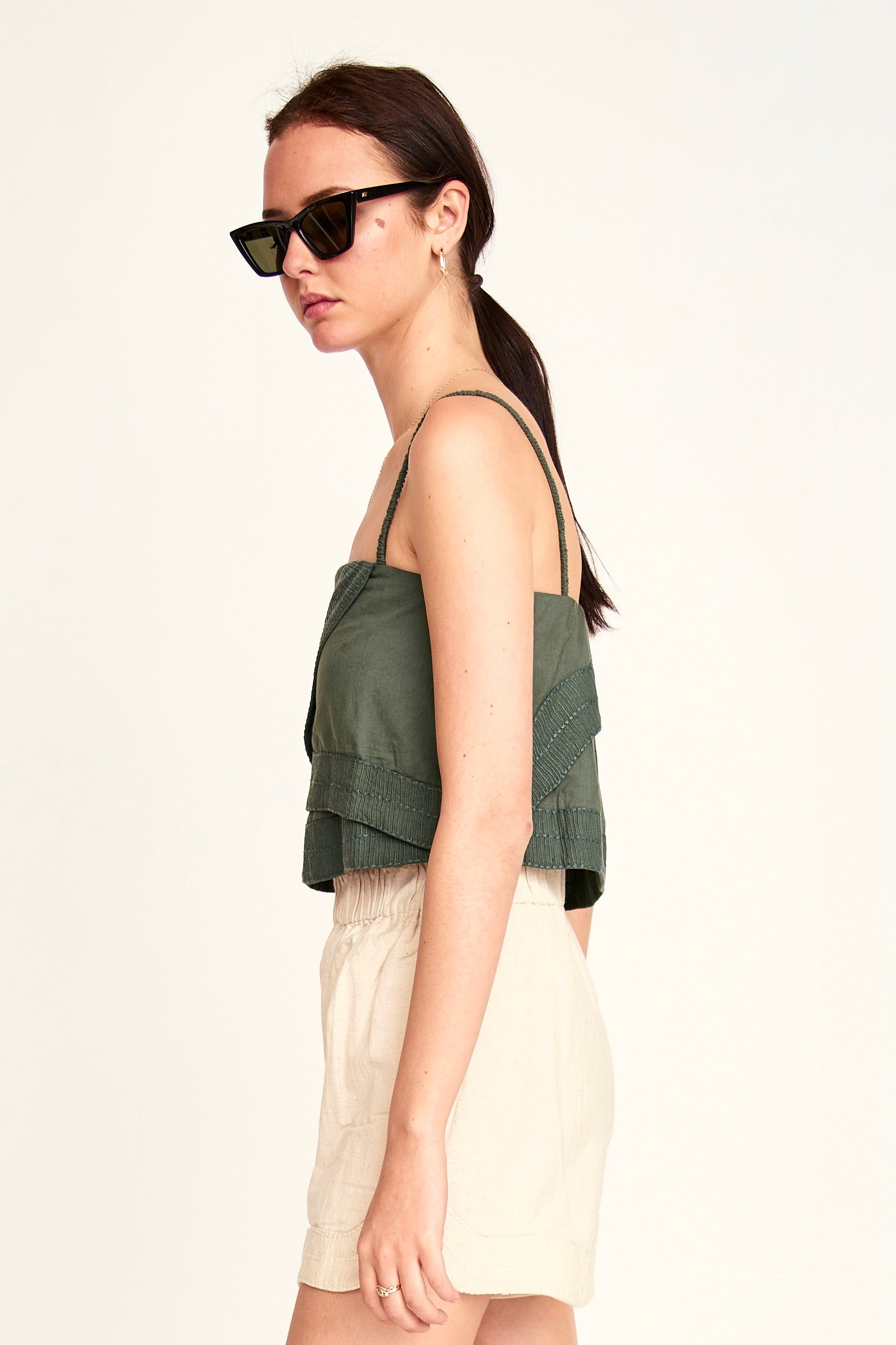 Bahia Cropped Tank in Verde Fossil