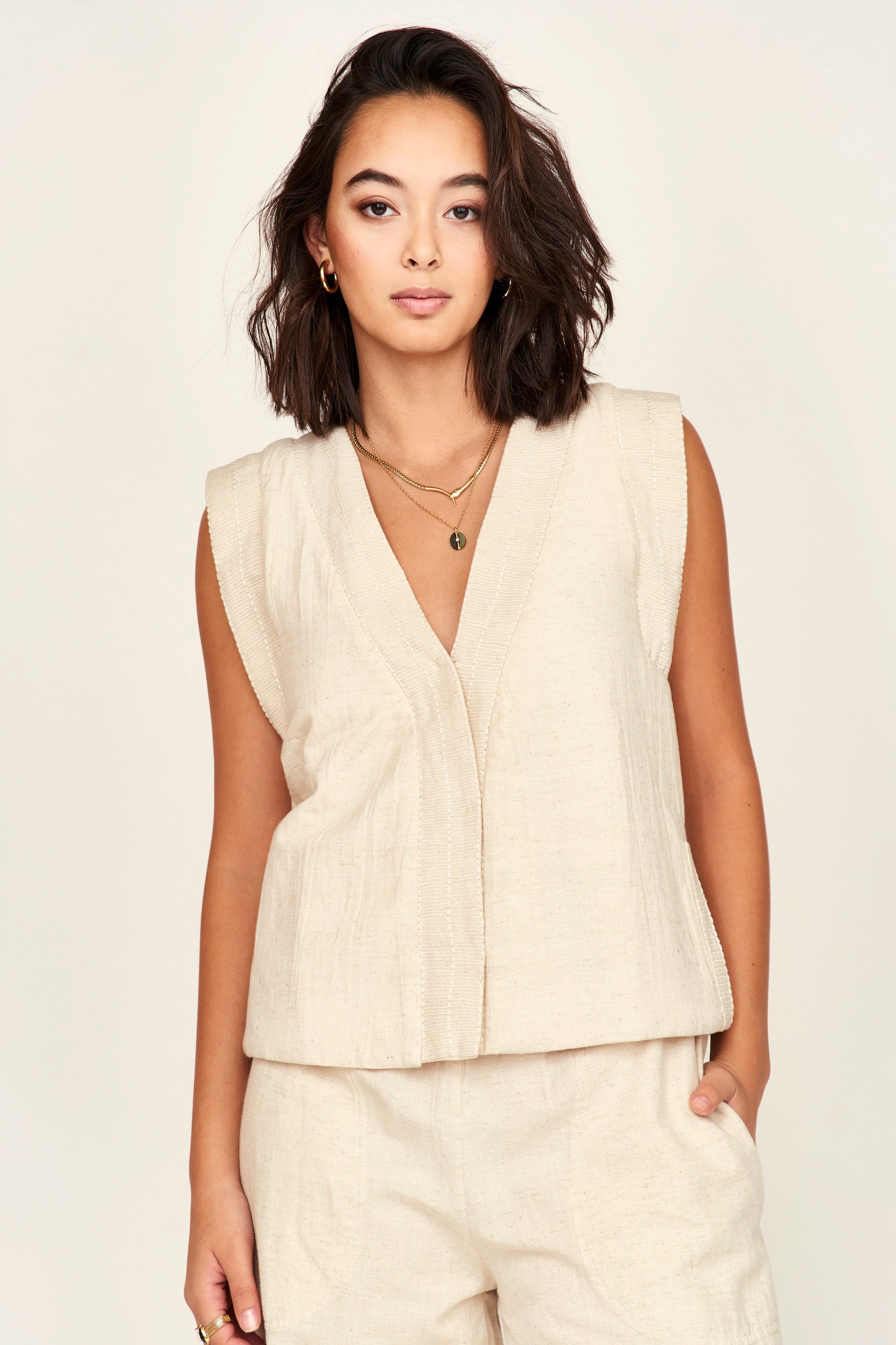 Rouen Quilted Vest in Oat Fossil