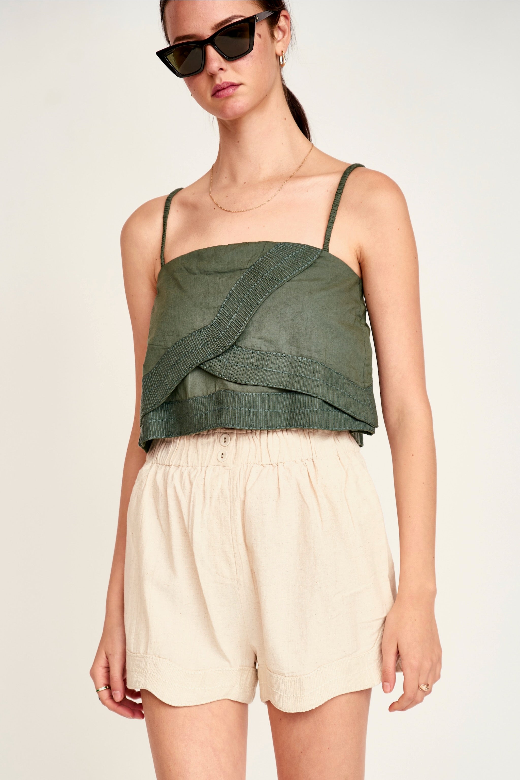 Bahia Cropped Tank in Verde Fossil