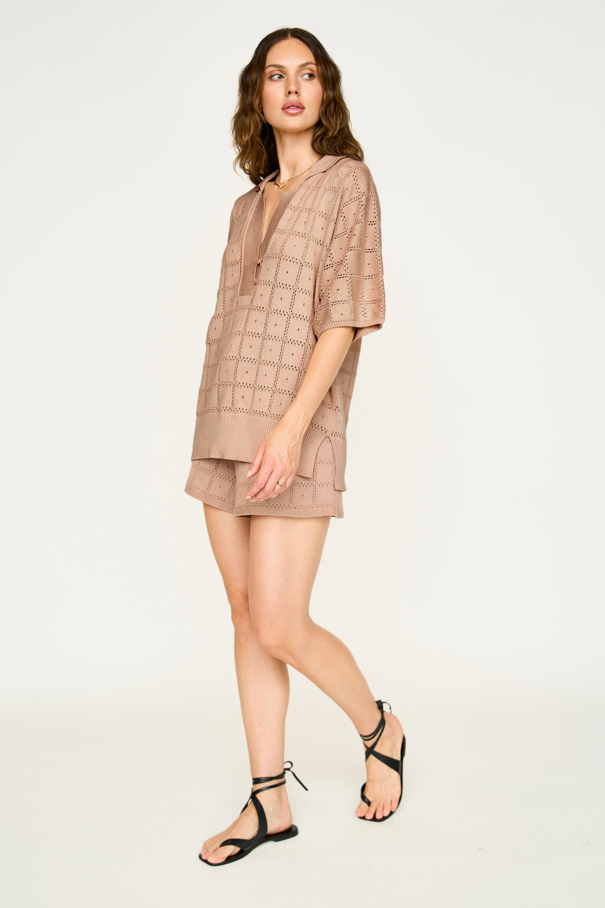 Adelaide Pointelle Knit Top in Mocha